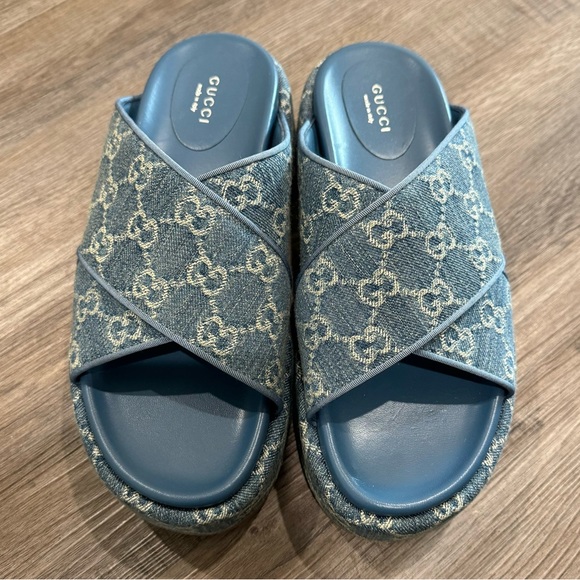 Gucci GG Logo Blue Jean Platform Slide Sandals - Picture 6 of 13